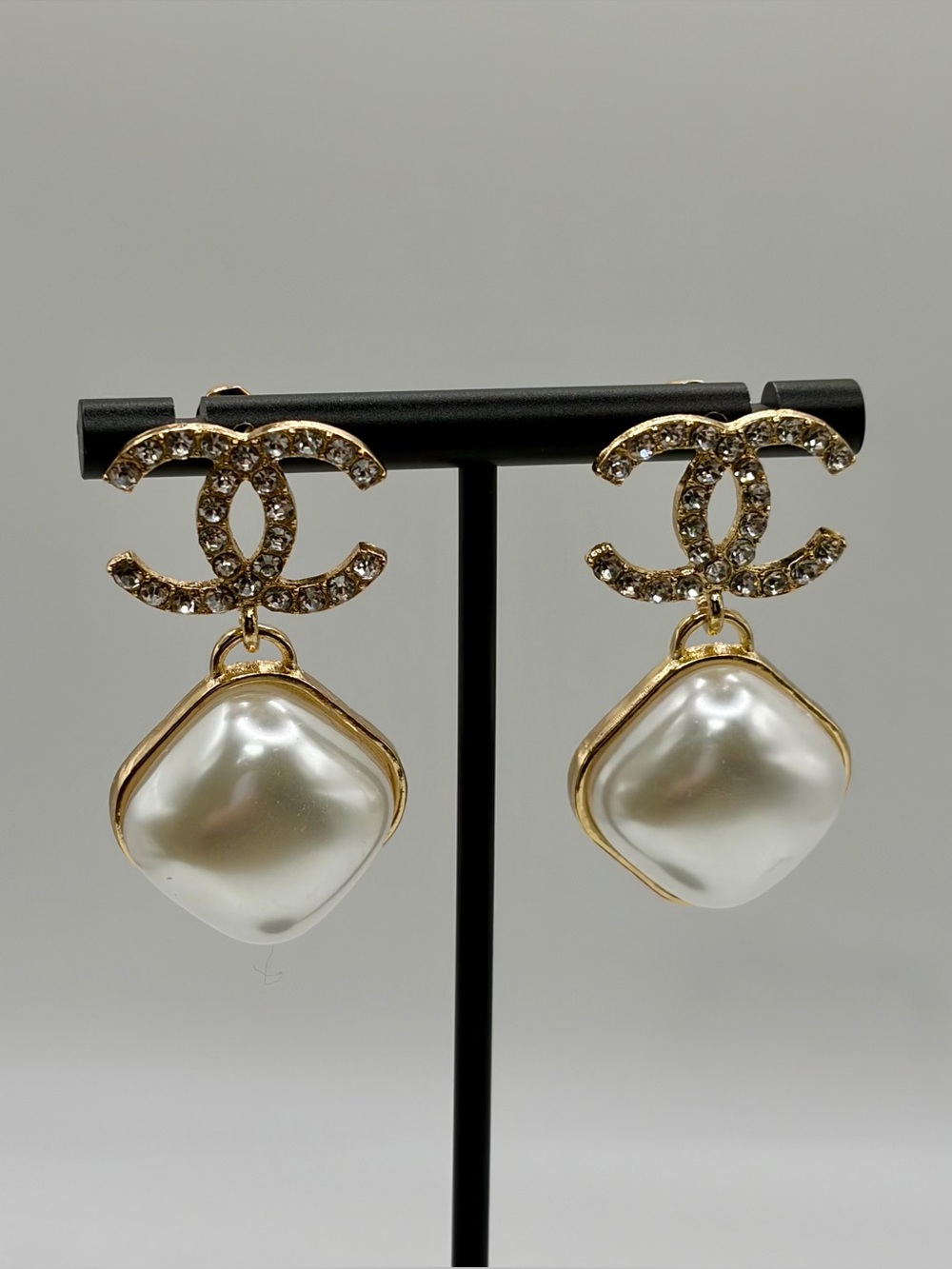 Gold Crystal Monogram Drop Pearl Earrings